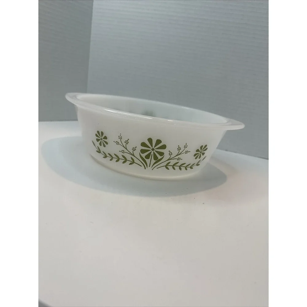 Glasbake Casserole Dish Unisex‎ OS White Green Daisy Milk Glass Oval J2600 MCM